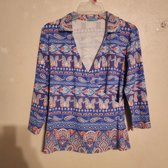 J. McLaughlin Paisley Catalina Cloth Top Blue V Neck Surplice Size S - Picture 1 of 10
